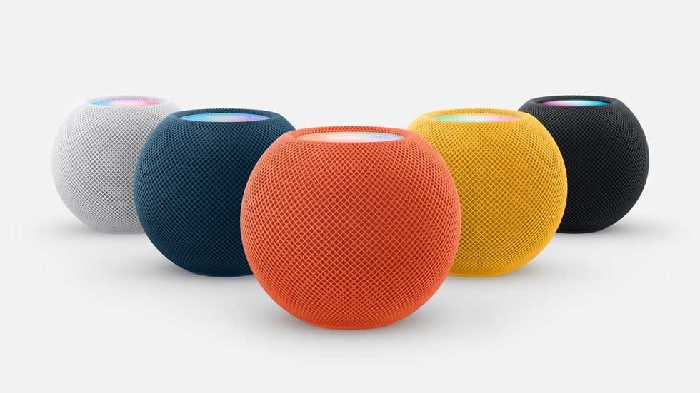 HomePod mini in white, blue, orange, yellow, and space gray