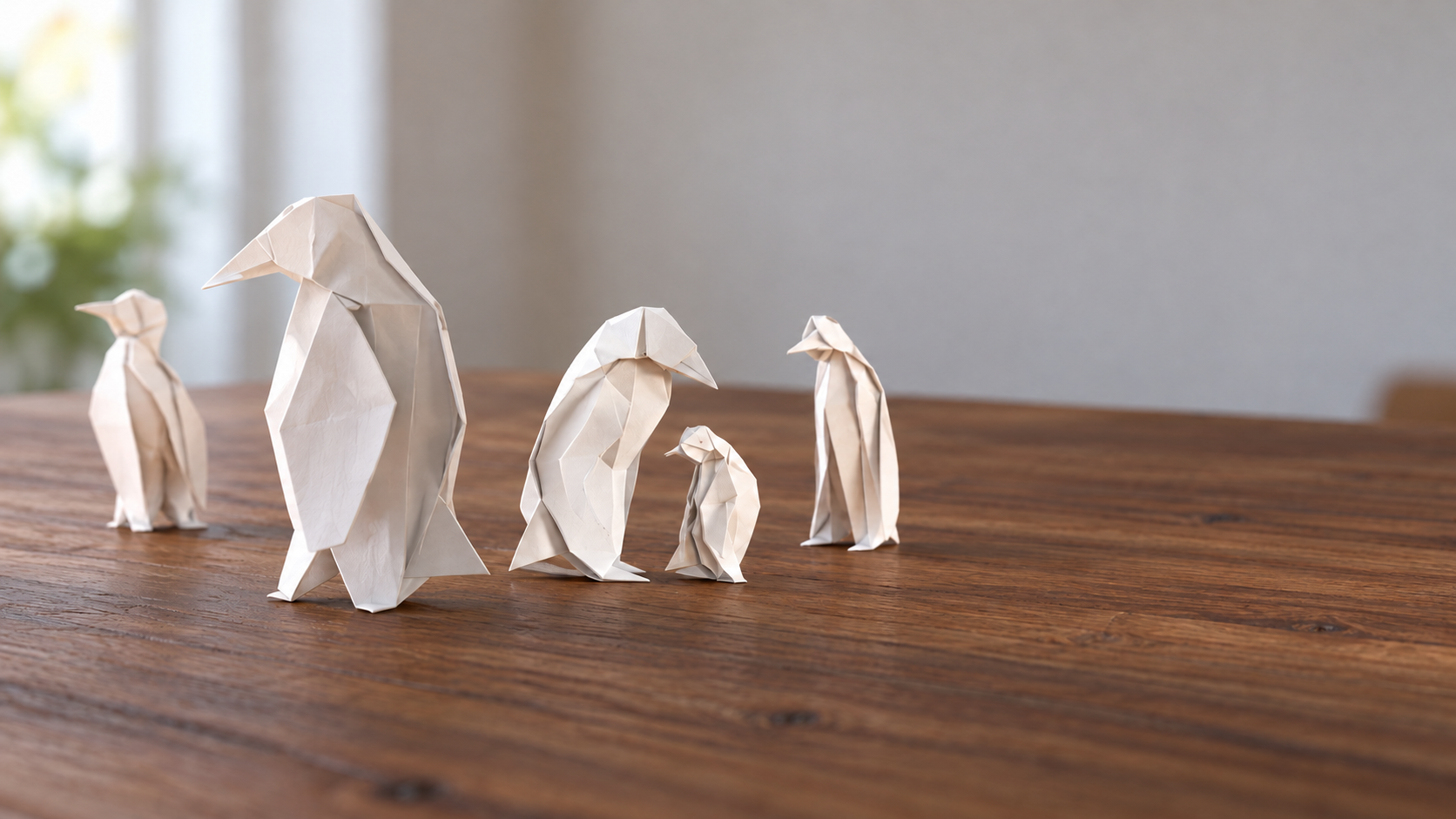 White folded paper penguin family on a large wooden table